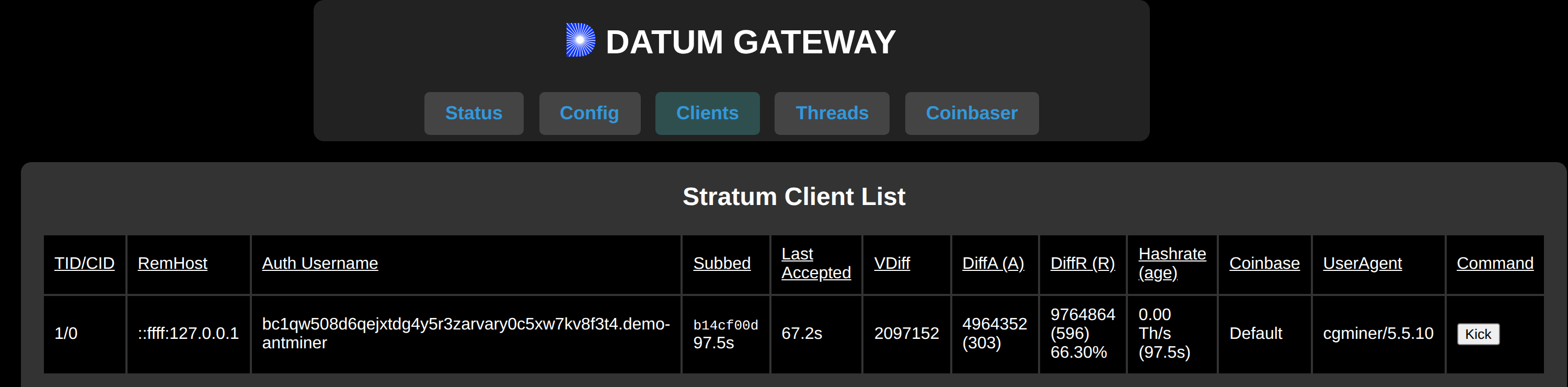 您的 DATUM Gateway 的 Clients 标签页，显示已连接的矿机及其接受/拒绝的份额数。