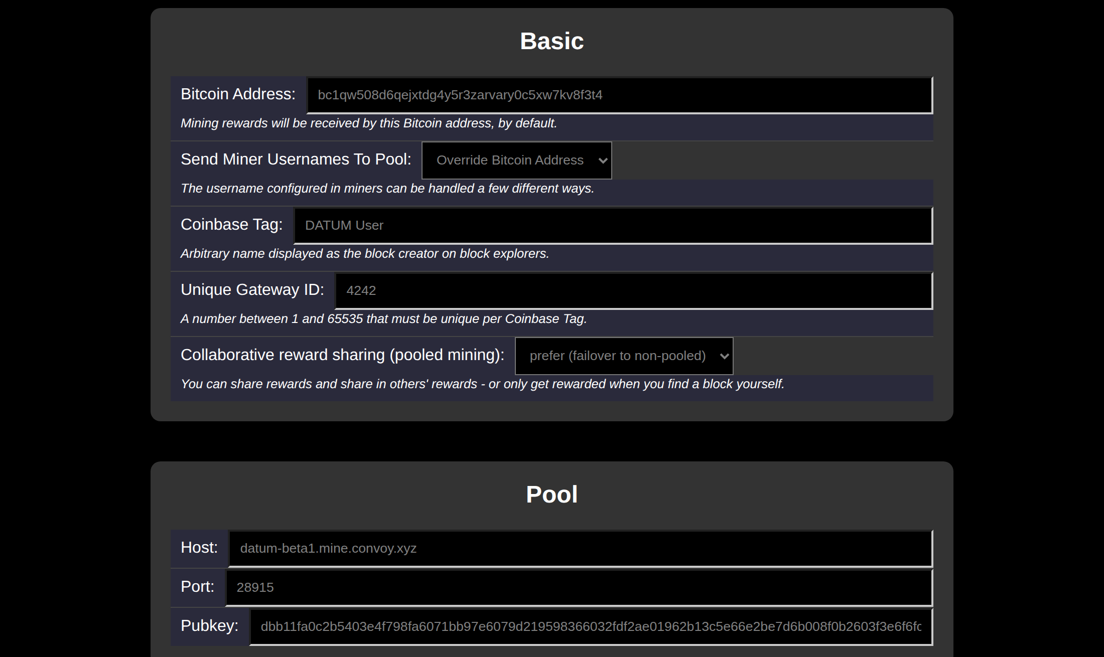 DATUM Gateway 的 Config 标签页，显示您的比特币地址、coinbase 标签，以及 DATUM 矿池连接信息。