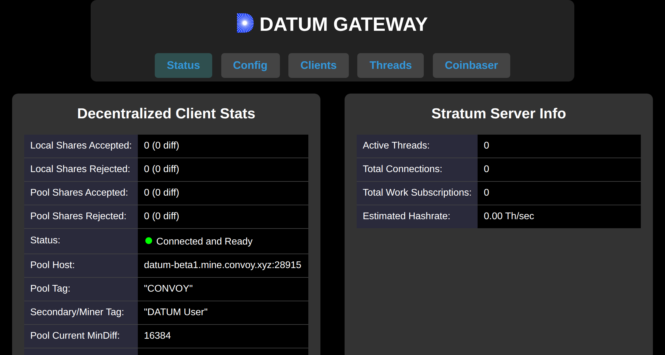 已成功连接的 Gateway 的 Status 标签页。