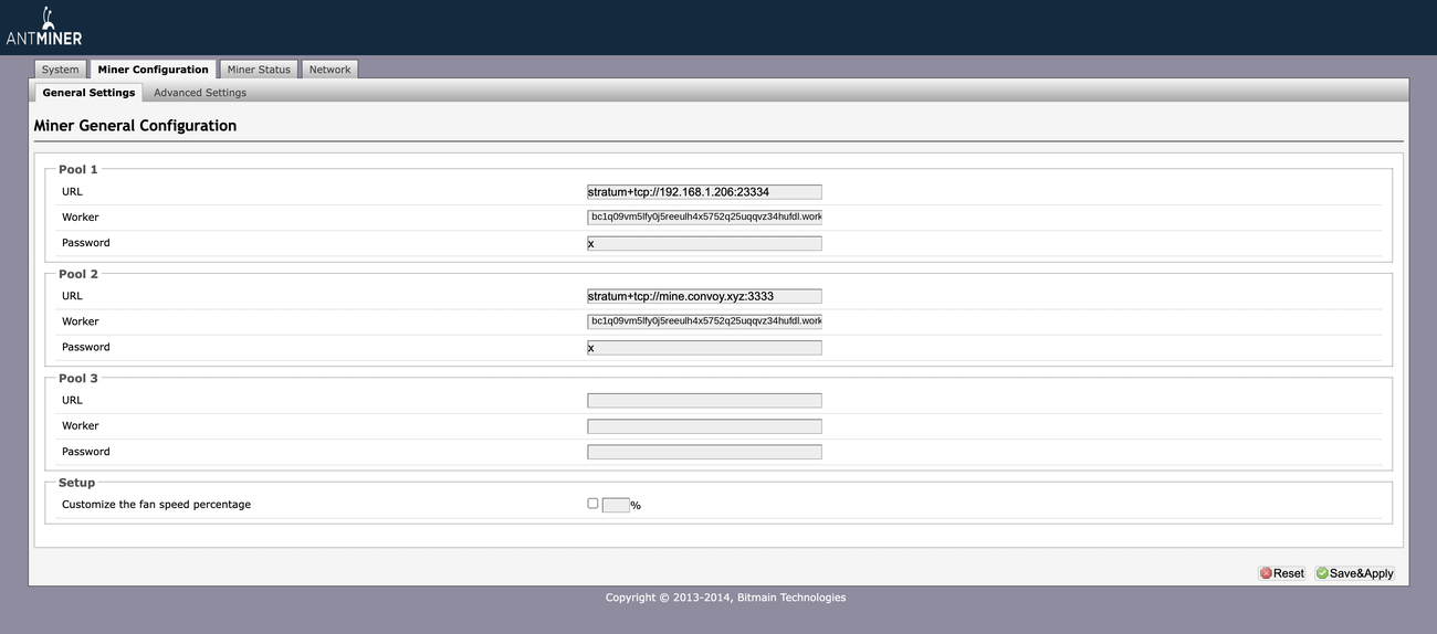 Antminer Miner Configuration page
