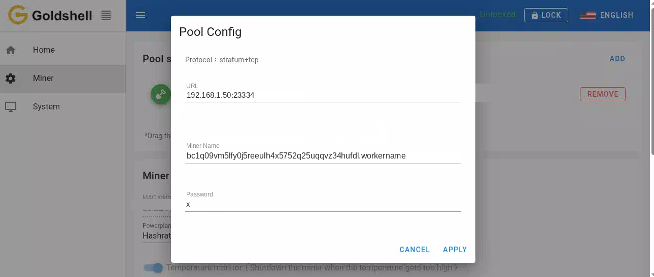 Goldshell Pool Config dialog