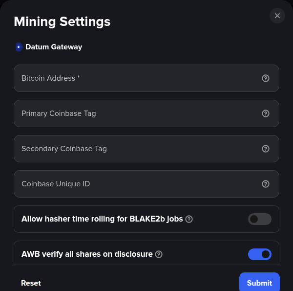 Mining Settings：在此填写您的比特币地址，其余选项保持默认即可。
